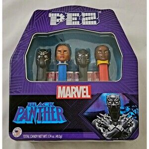 PEZ Marvel The Black Panther Collectable Tin With 4 Action Figure Dispensers NIB